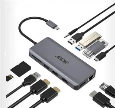 Acer 12v1 docking station/dongle USB-C: 2×USB3.2, 2×USB2.0, čtečka 1×SD/TF 2×HDMI,1×PowerDelivery,1×DP,1×RJ45,1×3.5 Audio