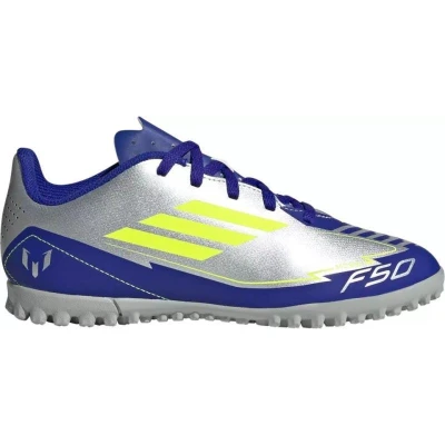 Adidas F50 Club Messi Jr TF silver metallic/solar yellow/lucid blue chlapecké fotbalové kopačky turfy
