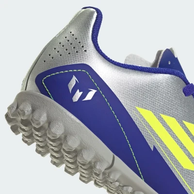 Adidas F50 Club Messi Jr TF silver metallic/solar yellow/lucid blue chlapecké fotbalové kopačky turfy