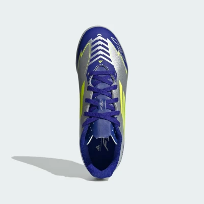 Adidas F50 Club Messi Jr TF silver metallic/solar yellow/lucid blue chlapecké fotbalové kopačky turfy