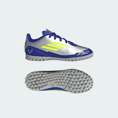 Adidas F50 Club Messi Jr TF silver metallic/solar yellow/lucid blue chlapecké fotbalové kopačky turfy