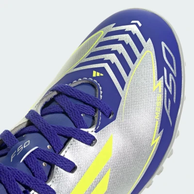 Adidas F50 Club Messi Jr TF silver metallic/solar yellow/lucid blue chlapecké fotbalové kopačky turfy