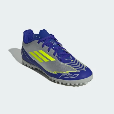 Adidas F50 Club Messi Jr TF silver metallic/solar yellow/lucid blue chlapecké fotbalové kopačky turfy