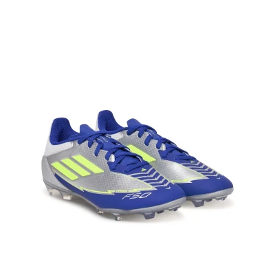 Adidas F50 League Messi Jr FG/MG silver metallic/solar yellow/lucid blue chlapecké fotbalové kopačky