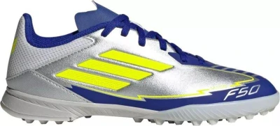 Adidas F50 League Messi Jr TF silver metallic/solar yellow/lucid blue chlapecké fotbalové kopačky turfy