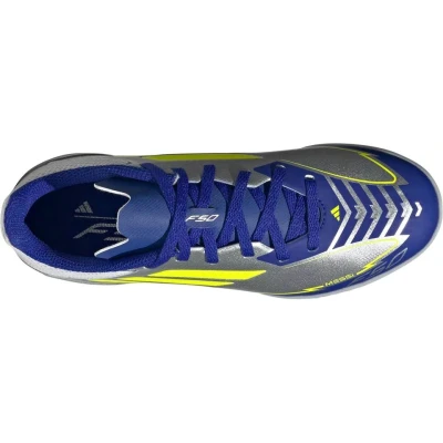 Adidas F50 League Messi Jr TF silver metallic/solar yellow/lucid blue chlapecké fotbalové kopačky turfy