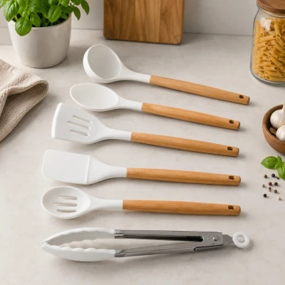Alpina Kuchyňské náčiní s bambusovou rukojetí ve stojanu 12 ks 32 cm bílá