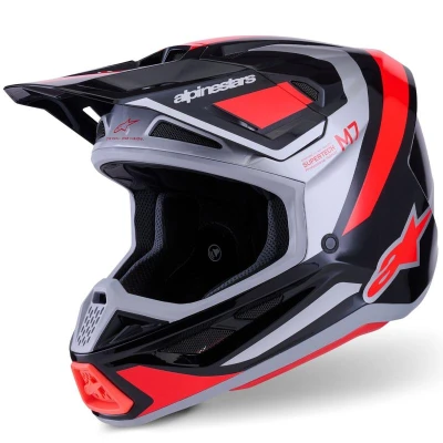 Alpinestars SM7 Rise černo-stříbrno-fluo červená motokrosová helma