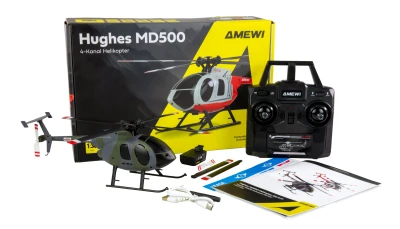 AMEWI Trade e.K. Hughes MD500 vojenský RC vrtulník, 4 kanálový s gyroskopem 6G, RTF, šedý