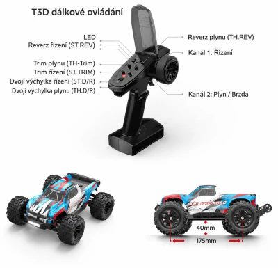 Amewi Hyper Go Monster Truck V2 modro-červený 4WD 1:16 RTR model se střídavým motorem, LED osvětlením a rychlostí 45 km/h