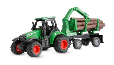 Amewi Kovový RC traktor s přívěsem na dřevo a nakládacím jeřábem 1:64 RTR zelený, 3 rychlostní stupně, LED světla