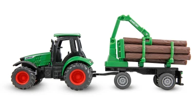Amewi Kovový RC traktor s přívěsem na dřevo a nakládacím jeřábem 1:64 RTR zelený, 3 rychlostní stupně, LED světla