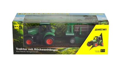 Amewi Kovový RC traktor s přívěsem na dřevo a nakládacím jeřábem 1:64 RTR zelený, 3 rychlostní stupně, LED světla