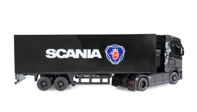 AMEWI Trade e.K. RC licencovaná Scania 730 S s návěsem, GYRO, driftovací, proporcionální pohon 4x4, 1:64 RTR, černá