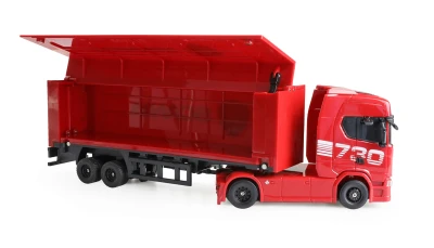 Amewi Scania 730 S červené RC licencované driftovací nákladní auto s návěsem, GYRO, proporcionální pohon 4x4, 1:64 RTR