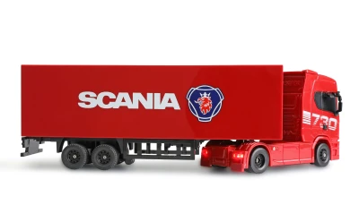 Amewi Scania 730 S červené RC licencované driftovací nákladní auto s návěsem, GYRO, proporcionální pohon 4x4, 1:64 RTR