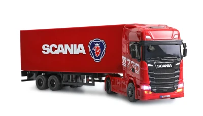 Amewi Scania 730 S červené RC licencované driftovací nákladní auto s návěsem, GYRO, proporcionální pohon 4x4, 1:64 RTR