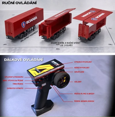 Amewi Scania 730 S červené RC licencované driftovací nákladní auto s návěsem, GYRO, proporcionální pohon 4x4, 1:64 RTR