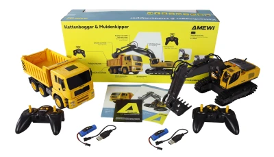 AMEWI Trade e.K. Sada 2 v 1 RC pásový bagr a RC sklápěč 1:18 RTR kovová lžíce LED osvětlení