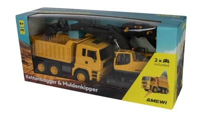 AMEWI Trade e.K. Sada 2 v 1 RC pásový bagr a RC sklápěč 1:18 RTR kovová lžíce LED osvětlení