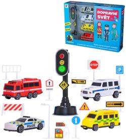 Auta záchranné složky set 4ks + dopravní značky a semafor na baterie Světlo Auta záchranné složky set 4ks + dopravní značky a semafor na baterie Světlo