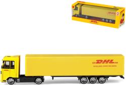 Auto kamion DHL Přeprava zásilek tahač kovový s návěsem volný chod Auto kamion DHL Přeprava zásilek tahač kovový s návěsem volný chod
