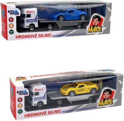 Auto odtahovka kovová 18cm set tahač s přívěsem a automobilem 4 druhy