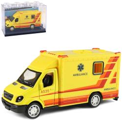 Auto sanitka kovová žlutá ambulance zpětný chod v plastovém boxu