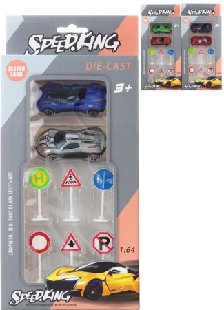 Auto závodné kovové 1:64 set 2ks s dopravnými značkami 3 druhy Auto závodné kovové 1:64 set 2ks s dopravnými značkami 3 druhy
