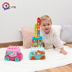Autobus baby volný chod herní set s 18 kostkami a samolepkami 2 barvy
