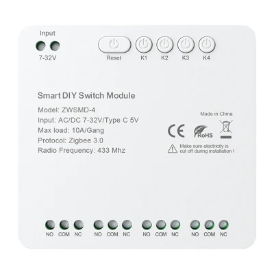 Avatto ZWSMMD-4-32V ZigBee 4kanálový bílý spínací modul s beznapěťovým kontaktem DC 32V