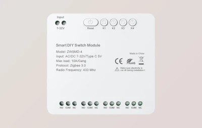 Avatto ZWSMMD-4-32V ZigBee 4kanálový bílý spínací modul s beznapěťovým kontaktem DC 32V