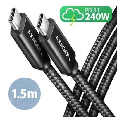 Axagon BUCM2-CM15AB, CHARGE kabel USB-C - USB-C, 1,5m, Hi-Speed USB, PD 240W 5A, ALU, oplet, černý Axagon BUCM2-CM15AB, CHARGE kabel USB-C - USB-C, 1,5m, Hi-Speed USB, PD 240W 5A, ALU, oplet, černý
