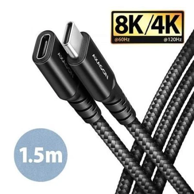 Axagon BUCM32-CF15AB prodlužovací kabel USB-C (M) - USB-C (F), 1,5m, USB 20Gbps, PD 240W 5A, 8K HD, ALU, oplet, černý Axagon BUCM32-CF15AB prodlužovací kabel USB-C (M) - USB-C (F), 1,5m, USB 20Gbps, PD 240W 5A, 8K HD, ALU, oplet, černý