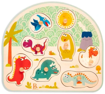 B-Toys DŘEVO Baby puzzle dinosauři vkládací na desce 8 dílků (dřevěná hračka)