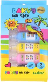 Barvy na sklo glitter se třpytkami set 5x 22ml + černá kontura se šablonami