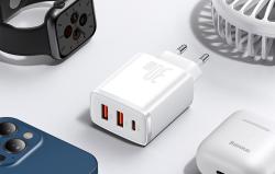 Baseus Compact Quick Charger, 2xUSB, USB-C, PD, 3A, 30W (bílá)