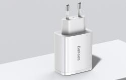 Baseus Compact Quick Charger, 2xUSB, USB-C, PD, 3A, 30W (bílá)