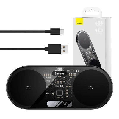 Baseus Duální bezdrátová nabíječka Qi Digitální LED displej, 20 W