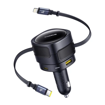 Baseus Enjoyment Max nabíječka do auta s USB-C+Lightning kabely a porty USB-A+USB-C 90W černá