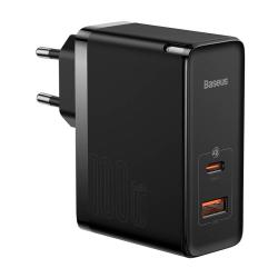 Baseus Nástěnná nabíječka GaN USB-C + USB, 100 W + 1m kabel (černá)