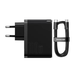 Baseus Nástěnná nabíječka GaN USB-C + USB, 100 W + 1m kabel (černá)