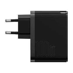 Baseus Nástěnná nabíječka GaN USB-C + USB, 100 W + 1m kabel (černá)