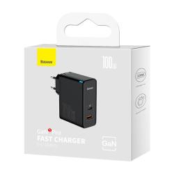 Baseus Nástěnná nabíječka GaN USB-C + USB, 100 W + 1m kabel (černá)