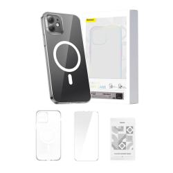 Baseus Pouzdro na telefon Magnetic Crystal Clear pro iPhone 12 (průhledné) s ochranným krytem displeje z tvrzeného skla a čisticí sadou Baseus Pouzdro na telefon Magnetic Crystal Clear pro iPhone 12 (průhledné) s ochranným krytem displeje z tvrzeného skla a čisticí sadou