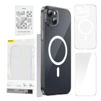 Baseus Pouzdro na telefon Magnetic Crystal Clear pro iPhone 13 (průhledné) s ochranným krytem displeje z tvrzeného skla a čisticí sadou