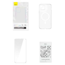 Baseus Pouzdro na telefon Magnetic Crystal Clear pro iPhone 13 (průhledné) s ochranným krytem displeje z tvrzeného skla a čisticí sadou