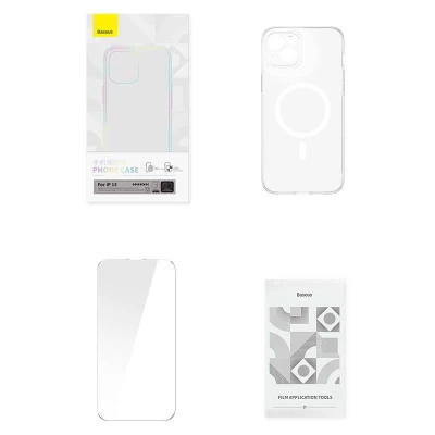Baseus Pouzdro na telefon Magnetic Crystal Clear pro iPhone 13 (průhledné) s ochranným krytem displeje z tvrzeného skla a čisticí sadou