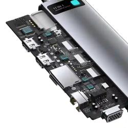 Baseus Rozbočovač 11v1 Metal Gleam Series, USB-C na 3x USB 3.0 + 2x HDMI + USB-C PD + Ethernet RJ45 + microSD/SD + VGA + AUX