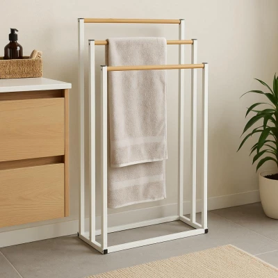 Bathroom Solutions Věšák na ručníky kovový bílý s bambusem